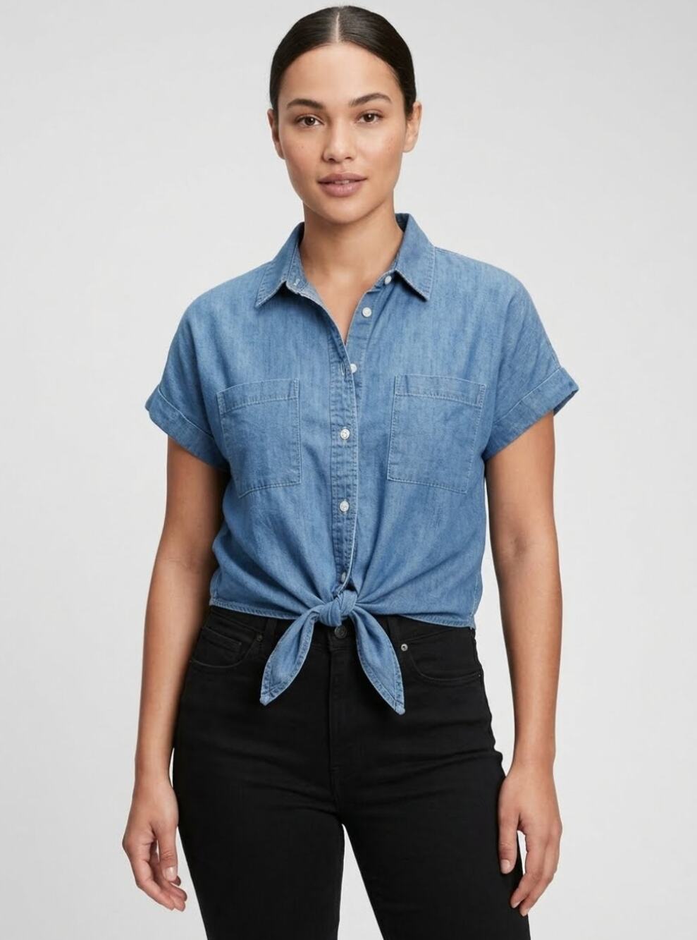 SIM & SAM Blue Denim Chambray Short Sleeved Button Down Tie Top size Small